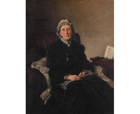 λ&nbspFREDERICK WILLIAM ELWELL (BRITSH 1870-1958) PORTRAIT OF HON. MRS. T.G. CHOLMONDELEY Oil on canvas Signed and dated '191