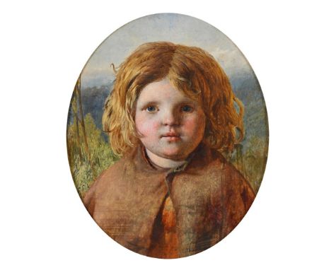 JOHN DAWSON WATSON (BRITISH 1832-1892) PORTRAIT OF A CHILD WEARING A BROWN CAPE Oil on board, oval mount Signed with monogram