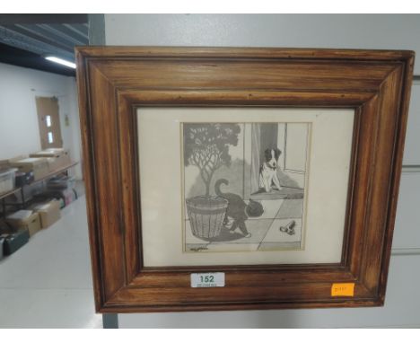 A vintage French theme monochrome print after Louis Wain Cat and Dog