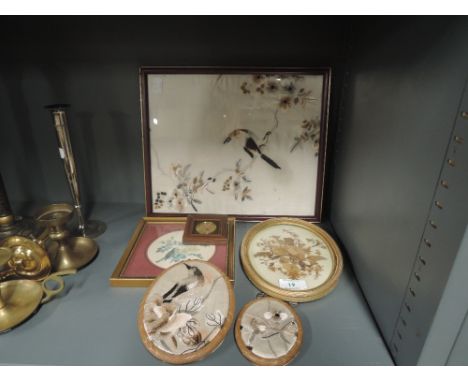 A selection of vintage needle works on silk mostly birds in an oriental style