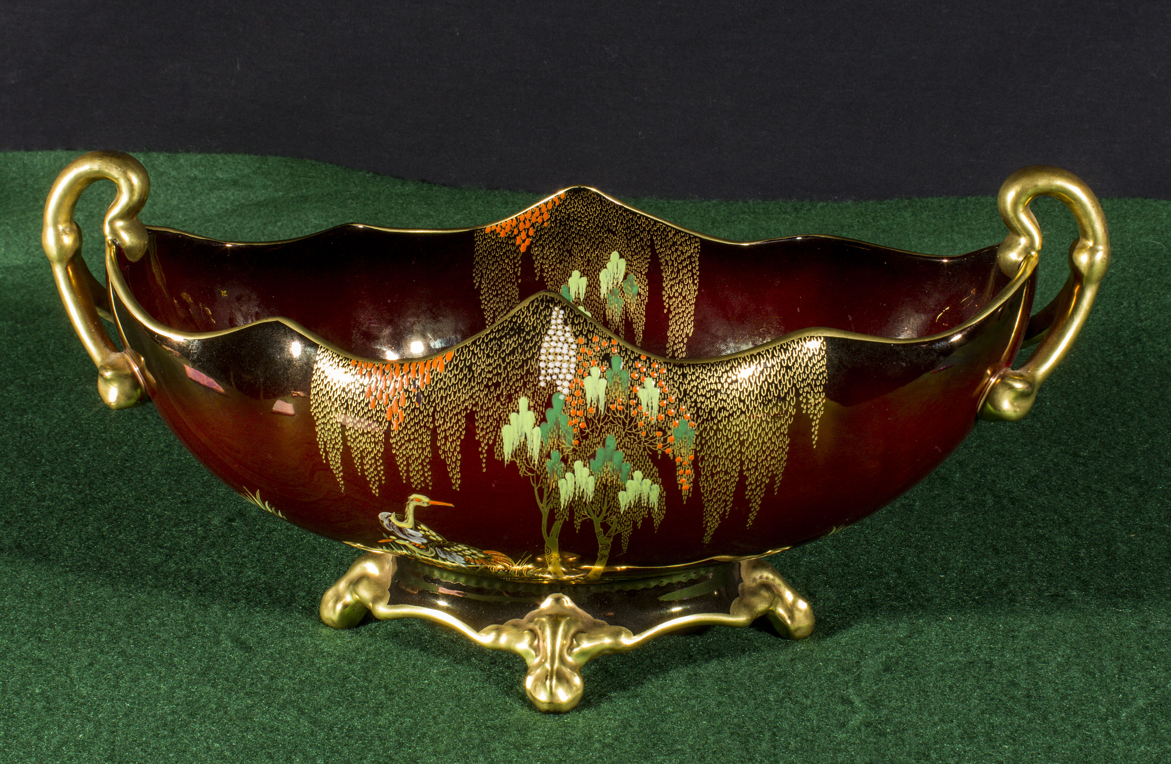 A Carlton Ware Rouge Royale 'Crane and Willow' pattern handled gondola bowl