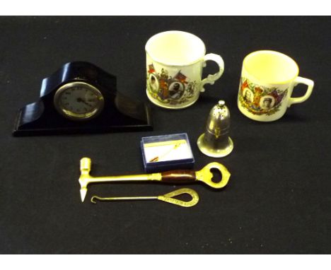 Two commemorative cups, small mantle clock and other collectable items