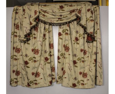 Two pairs of lined curtains with swags and tails, matching tie backs. Curtains measure 92" length and 76" wide, Swags are 67"