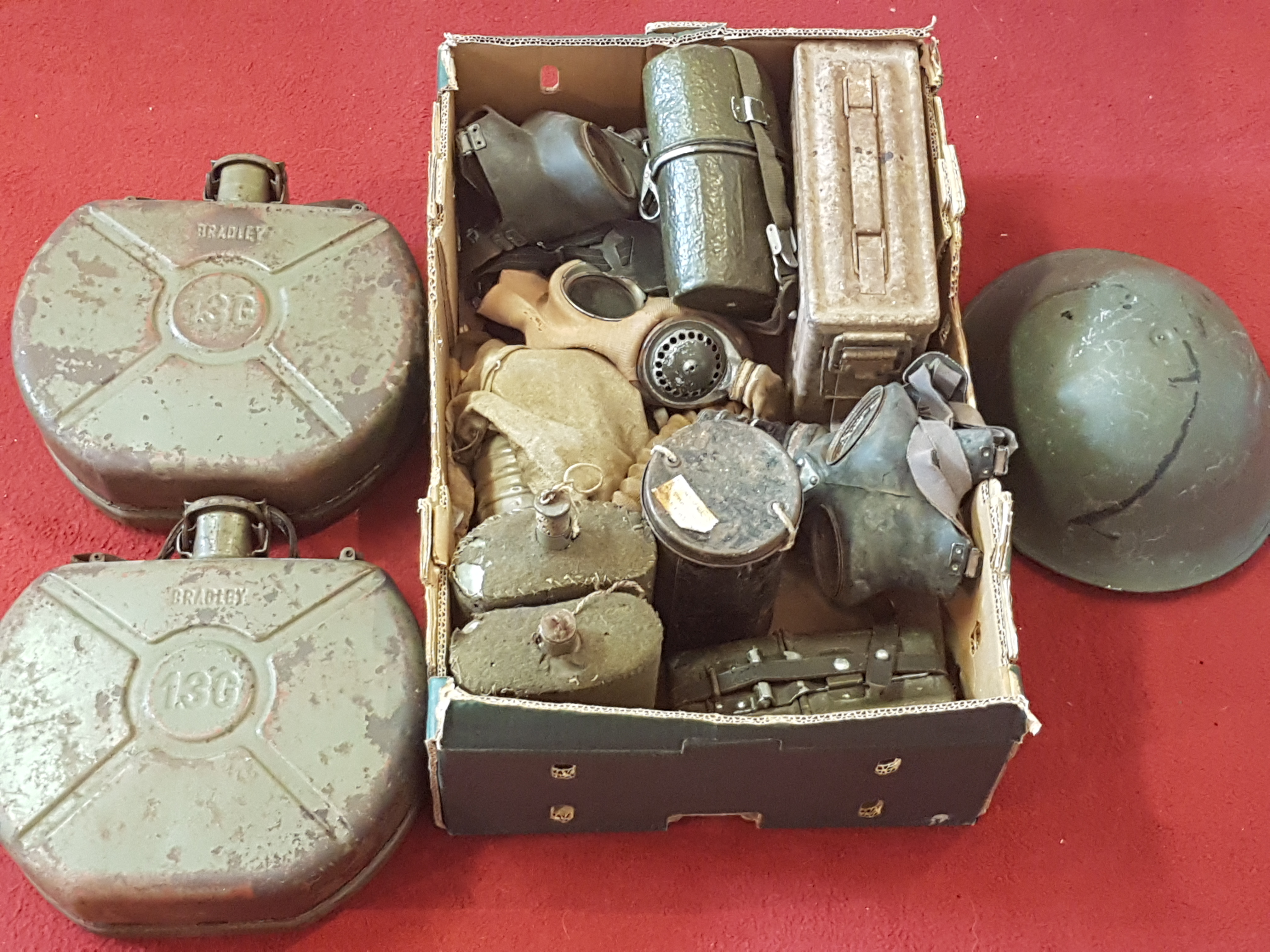 Box of vintage military items inc metal cans, ammunition box, tin