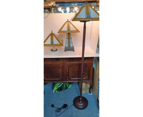TIFFANY STYLE LAMPS SET OF 3, 64" STANDARD LAMP, 20.5" TABLE LAMP &amp; CEILING