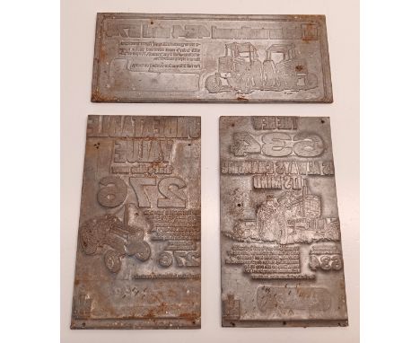 3 TRACTORS PRESS PRINTING PLATES - LARGEST 20CM - INTERNATIONAL TRACTOR 454 &amp; 574 ETC.