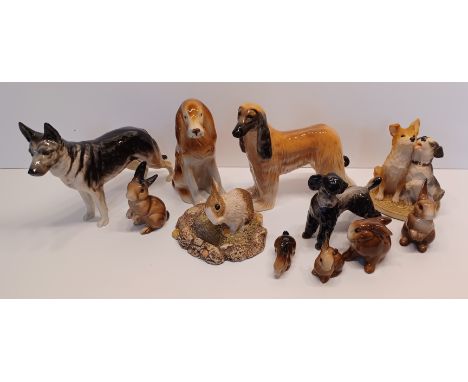 BESWICK - SIX RABBITS 823, 824, 825, 826 AND A BRIGHT EYES SCULPTURE, THREE JOHN BESWICK DOGS PUPPY LOVE SCULPTURE, AFGHAN HO