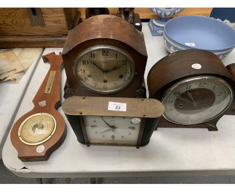 THREE MANTLE CLOCKS TO INCLUDE AN ART DECO STYLE AND SMITHS AND A BAROMETER 