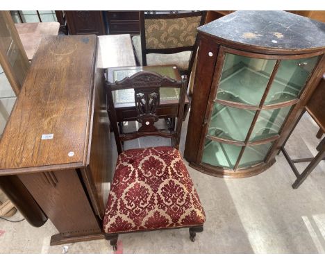 AN EDWARDIAN LOW NURSING CHAIR, REPRODUCTION SOFA STYLE TABLE AND A MAHOGANY CORNER CUPBOARD 