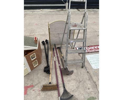 A STEP LADDER, FIRE GUARD, ROOF RACK AND GARDEN TOOLS 