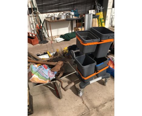 A WHEELBARROW TO INCLUDE A LARGE QUANTITY OF TOOLS AND INDUSTRIAL MULTI BUCKET MOP CLEANING TROLLEY 