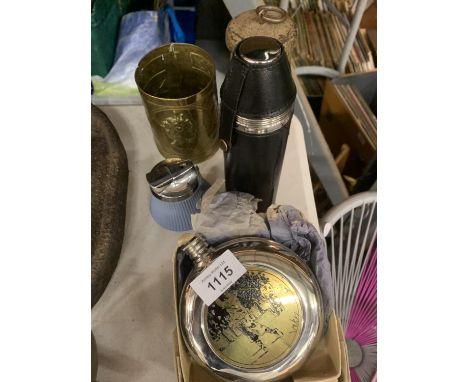 AN ASSORTMENT OF METAL ITEMS TO INCLUDE A HIP FLASK, TABLE LIGHTER ETC 