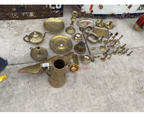 VARIOUS BRASS AND EPNS ITEMS - AN EAGLE, CANDLESTICKS, LAMP ETC 