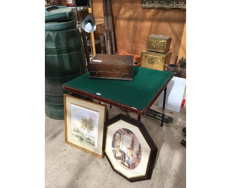 A LIDDED WOODEN BOX WITH ONE DRAWER AND BEAD DETAILING, A FOLDING CARD TABLE, TWO PICTURES, LAMP 