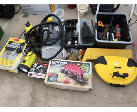 A LARGE QUANTITY OF ITEMS TO INCLUDE A STEERING LOCK, A PAINT STRIPPER AND VARIOUS TOOLS 