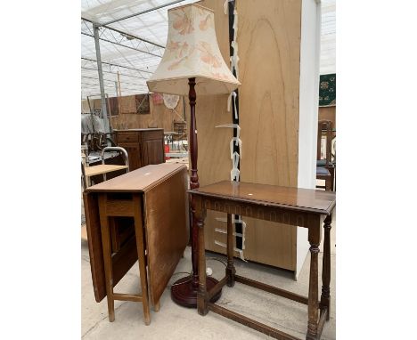 A VINTAGE TEAK DROP-LEAF TABLE, STANDARD LAMP COMPLETE WITH SHADE AND A SMALL SIDE TABLE 