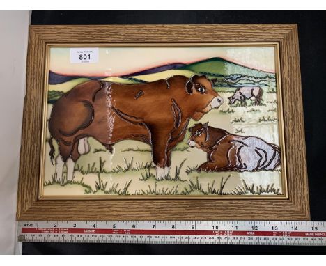 A MOORCROFT FRAMED CERAMIC PLAQUE OF A LIMOUSIN BULL LIMITED EDITION 15/30 