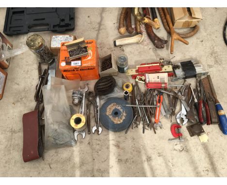 A QUANTITY OF TOOLS TO INCLUDE FILES, SPANNERS, SCREWS, NAILS ETC. 