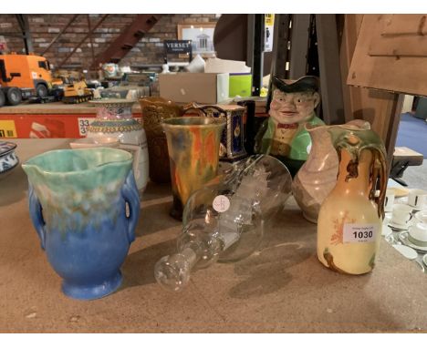 A SELECTION OF CERAMIC VASES AND JUGS TO INCLUDE  A SAILING SHIP IN A GLASS BOTTLE 