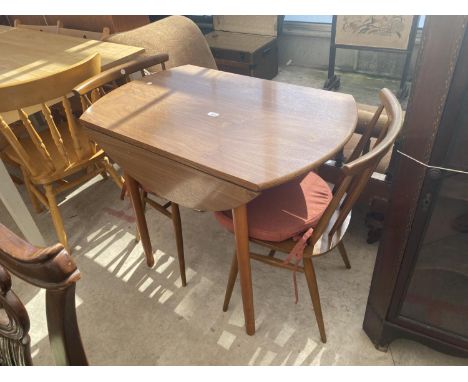 A PAIR OF ERCOL SPINDLE BACK KITCHEN CHAIRS AND DINETTE DROP LEAF TABLE 