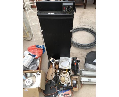 A TROUSER PRESS AND A LARGE QUANTITY OF TOOLS TO INCLUDE SANDER ETC. 
