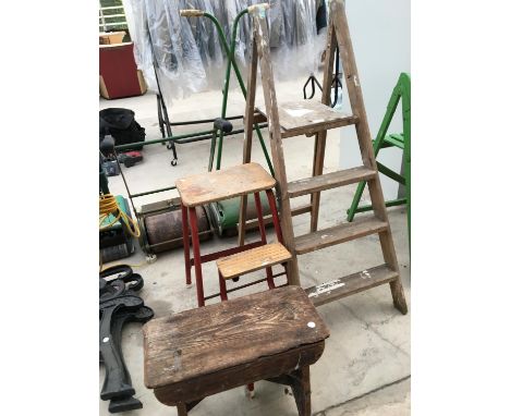 A VINTAGE THREE RUNG SET OF STEP LADDERS, A VINTAGE WOODEN STOOL AND A SET OF PULL DOWN CARAVAN STEPS 