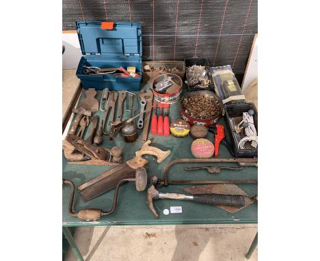 A LARGE QUANTITY OF TOOLS INCLUDING A PLANE, OIL CAN, SCREWS, NAILS ETC. 