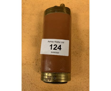 A BRASS AND LEATHER THREE WAY POWDER FLASK 