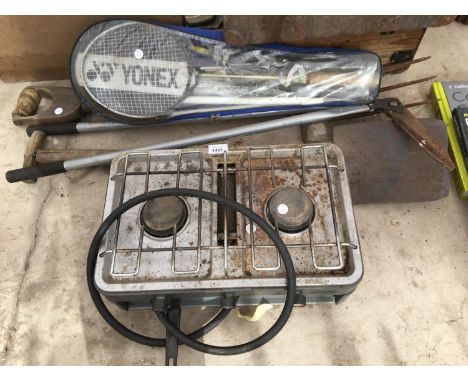 GARDEN TOOLS, GAS 2 RING STOVE, BADMINTON RACKETS ETC. 