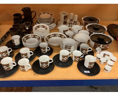 AN EXTENSIVE J AND G MEAKIN RETRO DINNER SERVICE TO INCLUDE AN EARTHENWARE COFFEE SET WITH COFFEE POT AND CREAMER 