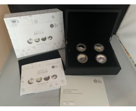 A SET OF FOUR SILVER PROOF £5 COINS - PORTRAIT PF BRITAIN WITH PRESENTATION BOX AND CERTIFICATES 