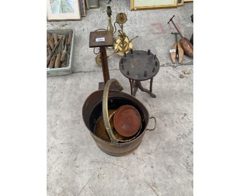 A COPPER COAL SCUTTLE, WOODEN CANDLE STICK, CIRCULAR LOOM AND BRASS CEILING LAMP 