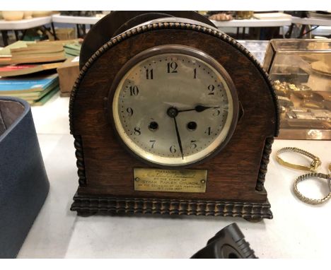 A 1927 HALF MOON PRESENTATION WOODEN MANTLE CLOCK 