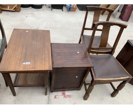 AN OAK SEWING BOX, FOLD-OVER CARD TABLE AND A PAIR OF DINING CHAIRS 