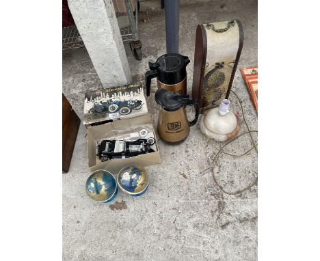 AN AIRFIX CAR, TWO NAT WEST GLOBE BANKS, TWO BENSON AND HEDGES COFFEE JUGS, A MARBLE TABLE LAMP AND A DECORATIVE WINE BOX 