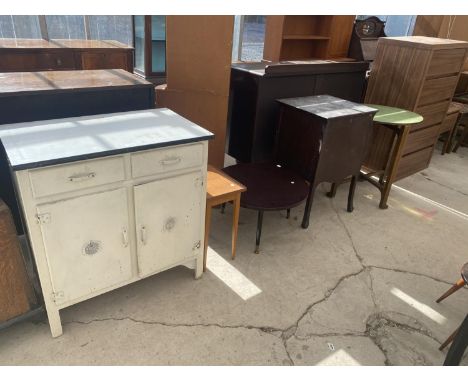 A 1950'S ENAMEL TOP KITCHEN UNIT, NEST OF TWO TABLES, COFFEE TABLE, CARD TABLE AND 78'S CABINET 