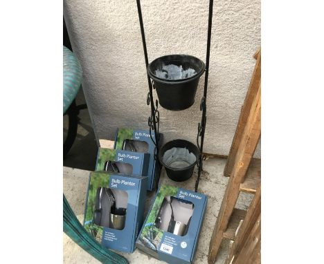 FOUR NEW AND BOXED BULB PLANTER SETS AND A TWO TIER SMALL METAL PLANTER 