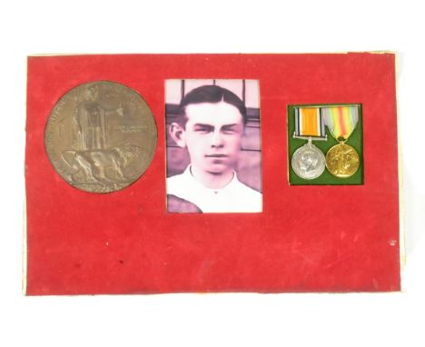 WWI Medals - medal pair and Memorial Plaque for one Second Lieutenant Percy Langhorn Thompson of the 14th Battalion, Durham L