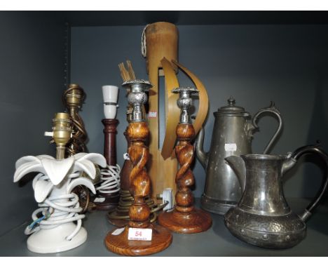 A selection of vintage lights and table lamps including ceramic and brass