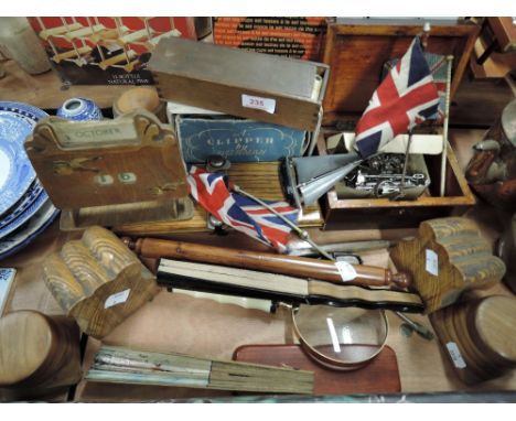 A selection of vintage treen items and objects of interest including desk top calendar