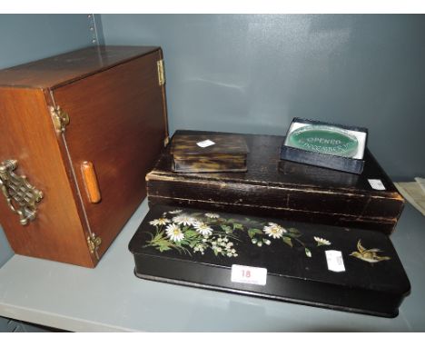 A selection of vintage trinket and other boxes and containers including hand decorated lacquer 