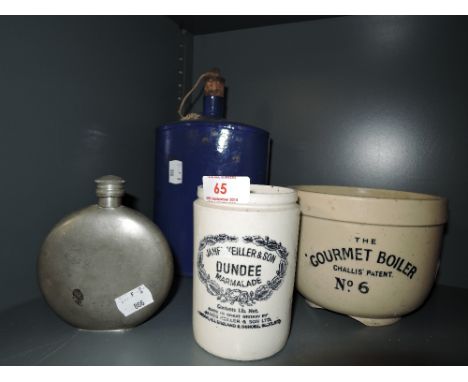 A selection of vintage containers and transfer print kitchen ceramics including Dundee Marmalade