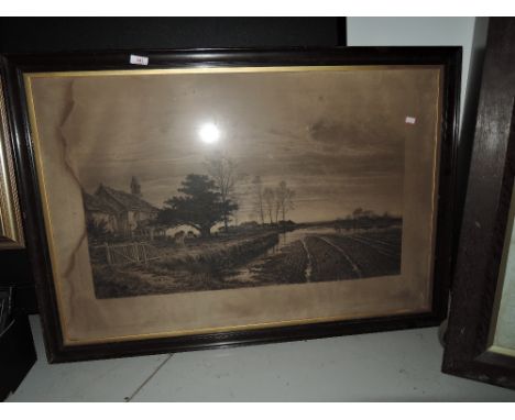 A vintage monochrome print of farm stead