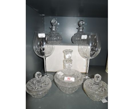 A selection of vintage cut and etched glass wares including signed wine glasses