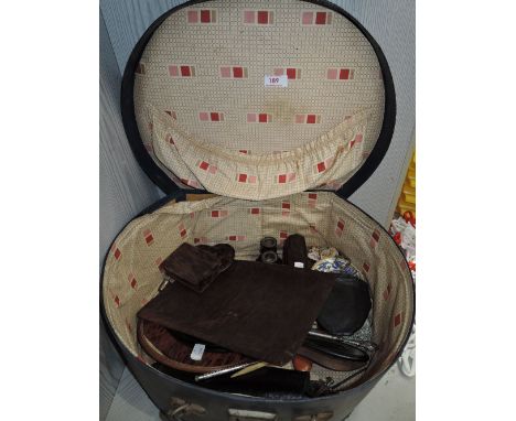 A selection of vintage trinkets and dressage items including leather bound hat box