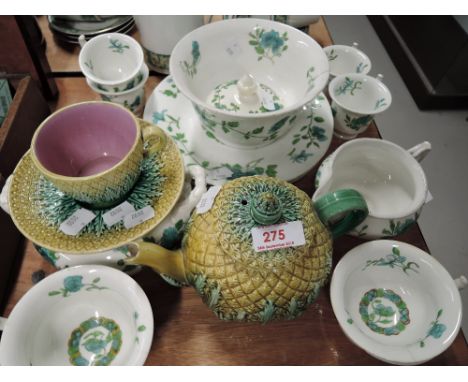 A selection of vintage tea cups and saucers also Majollica style teapot