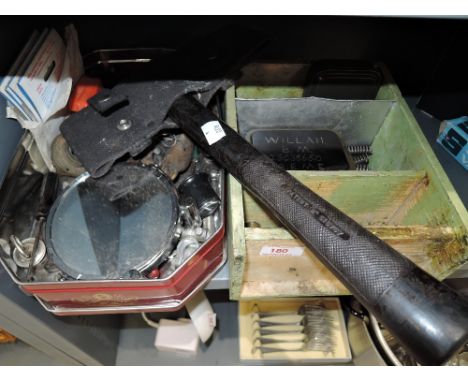 A selection of vintage hardware and DIY items including firemans axe