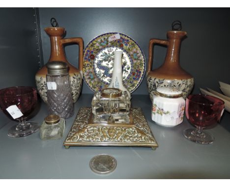 A selection of vintage trinkets and ceramics including cloisonne dish and brass ink well