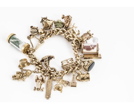 A heavy curb linked charm bracelet,  with multiple charms including golf clubs, a top hat with a rabbit, penknife, Christmas 