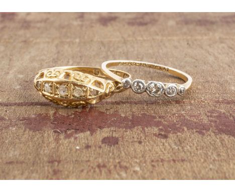 An early 20th Century old cut platinum and 18ct gold five stone diamond dress ring, ring size P, together with a scroll set e